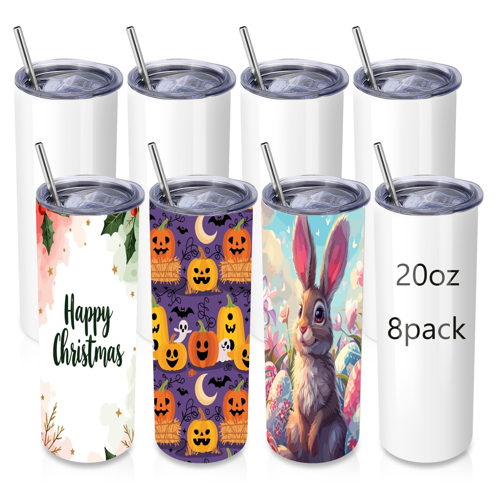 Volhoply 8 Pack Skinny Tumblers with Lid and Straw, 600ml (20oz) Stainless Steel Straight Tumbler Bulk, Vacuum Insulated Coffee Mug for Home, Office, Travel, DIY (Sublimation,8 Pack)