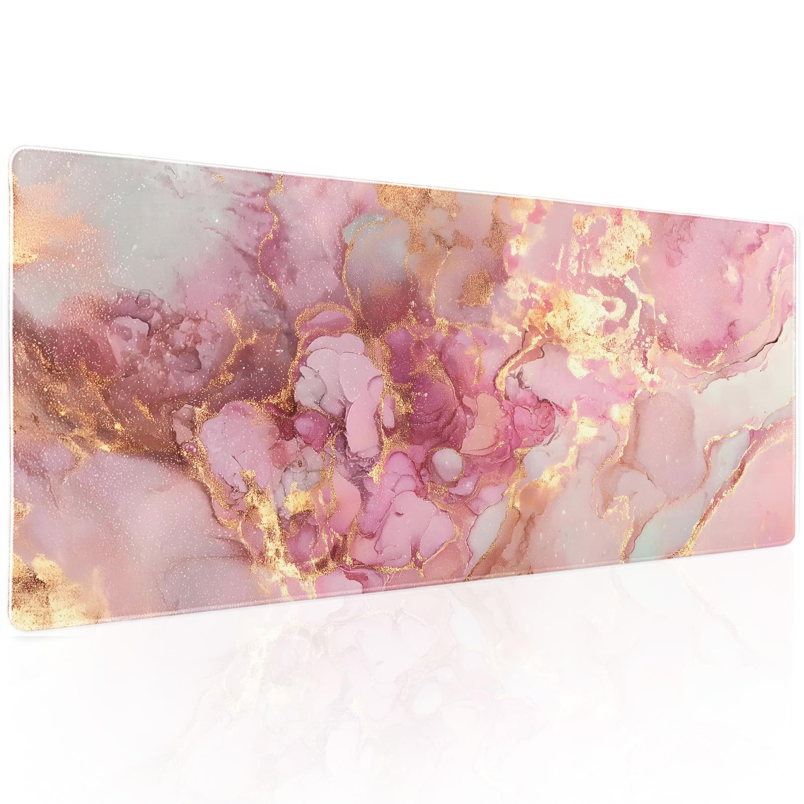 Gold Pink Marble Gaming Mouse Pad XL Cute Kawaii Aesthetic Pretty Extended Large Mat Mousepad Desk Pad Non-Slip Rubber Base Stitched Edge Keyboard Pad Playmat for Computer,35.4×15.7 Inch