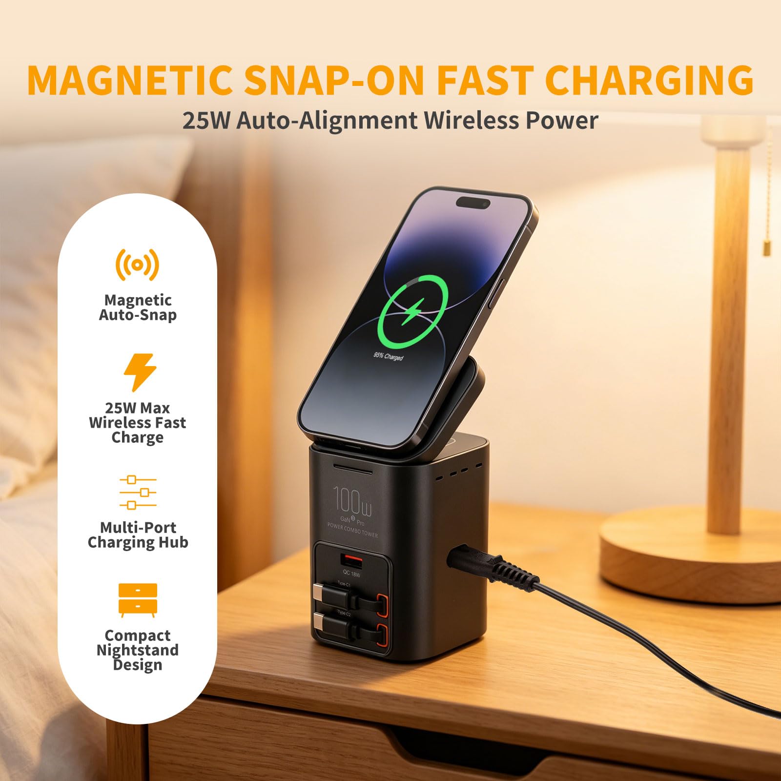 Stazione di ricarica da tavolo multifunzione da 100 W, caricabatterie wireless con doppio cavo USB-C retrattile da 75 cm, USB-A QC3.0, ricarica rapida per laptop, telefoni, auricolari