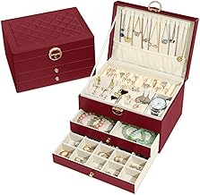 Granbest 3 Layer Jewelry Box with 2 Drawers, Elegant Leather Jewelry Box for Necklaces, Bracelets, Rings and Earrings (Wine Red)