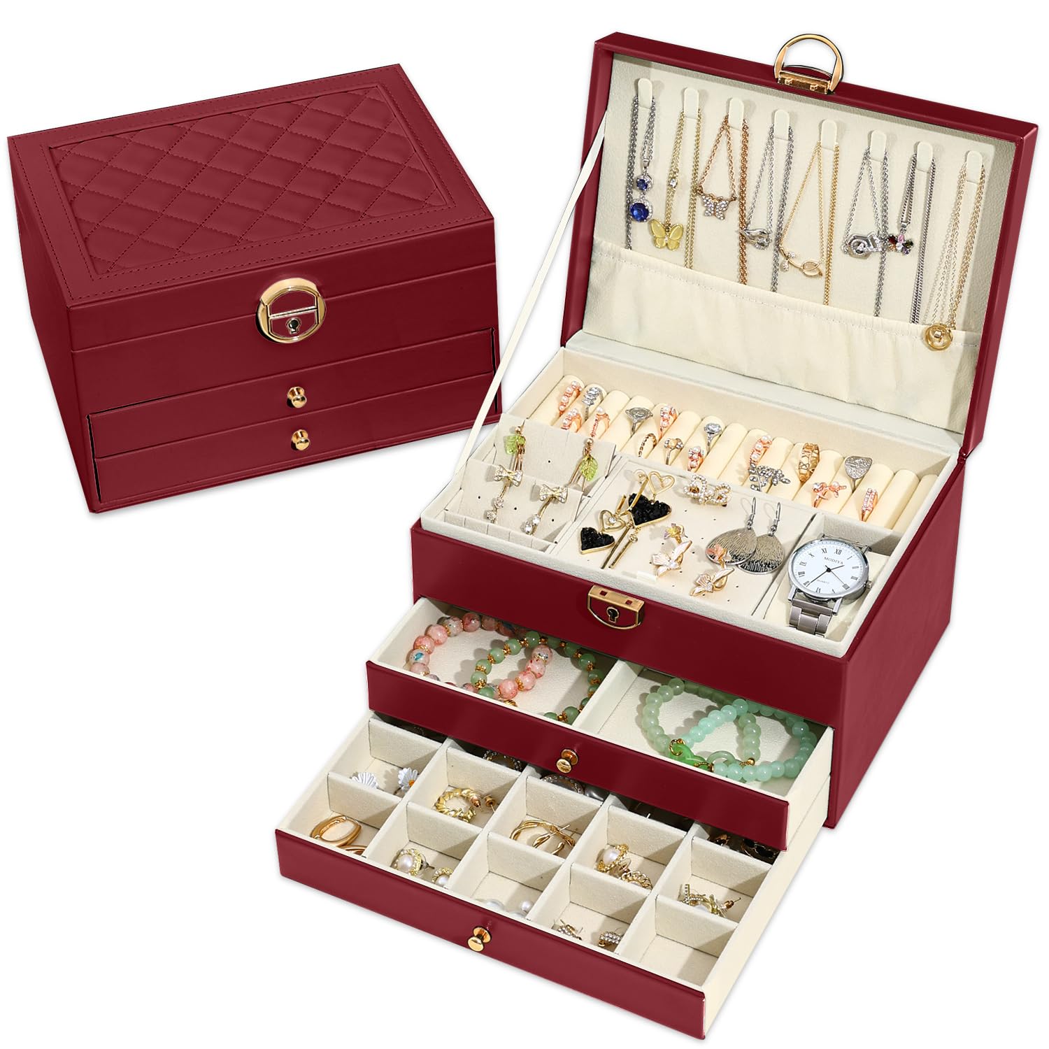 Granbest 3 Schichten Schmuckkästchen mit 2 Schubladen, Elegante Schmuckkasten, Leder Schmuckbox Ideal für Halsketten, Armbänder, Ringe und Ohrringe