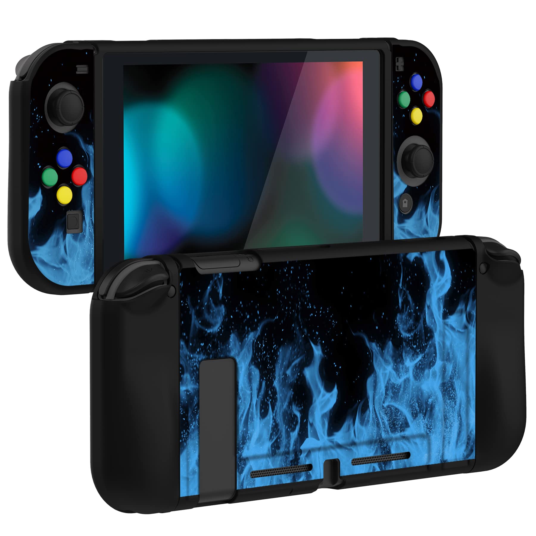 PlayVital Cover Protettiva Custodia per Nintendo Switch Copertura Morbida TPU Case per Joycon Console con Copri Tasti ABXY Direzionali Colorati-Fiamma Blu