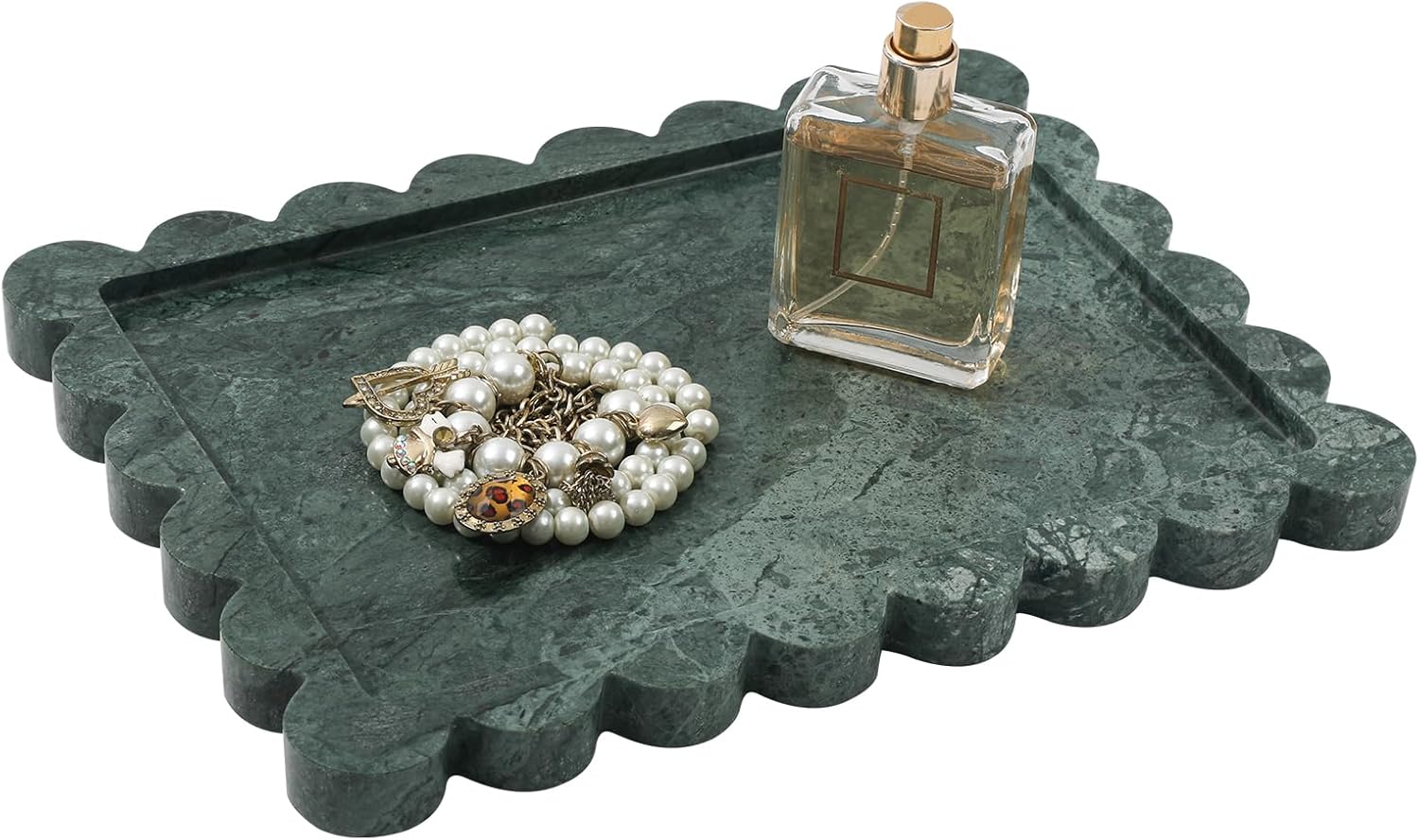 Natural Marble Scalloped Tray 10.8" x 8", Marble Vanity Tray for Jewelry Trinket Cosmetics Perfume Candle, Luxury Decorative Trays for Bathroom Kitchen Dresser Countertop, Green