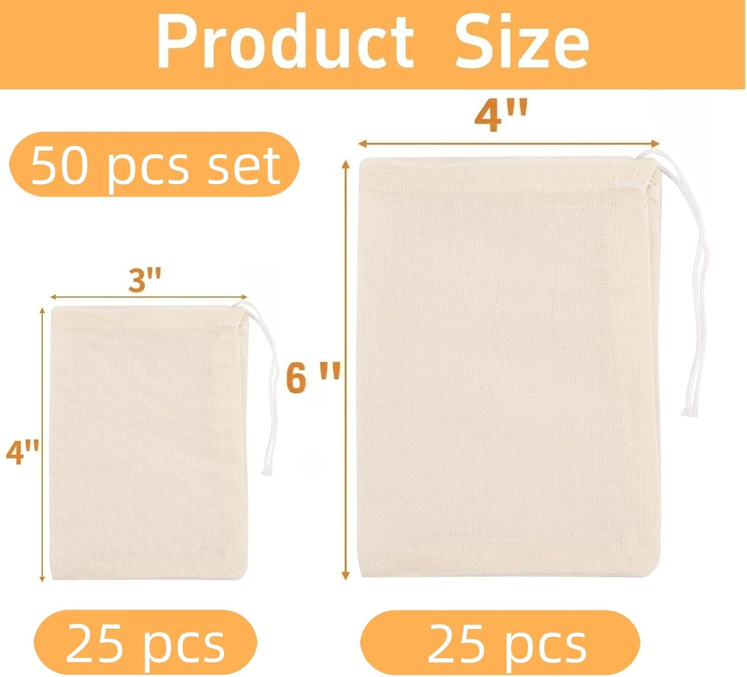 50-Pack Natural Unbleached Cotton Muslin Drawstring Bags,Reusable Tea Bags for Loose Leaf Tea/Spice Bags for Cooking Soup/Herb/Cooking -Small Cotton Cheese Cloth Bag for Straining (3x4"+4x6")