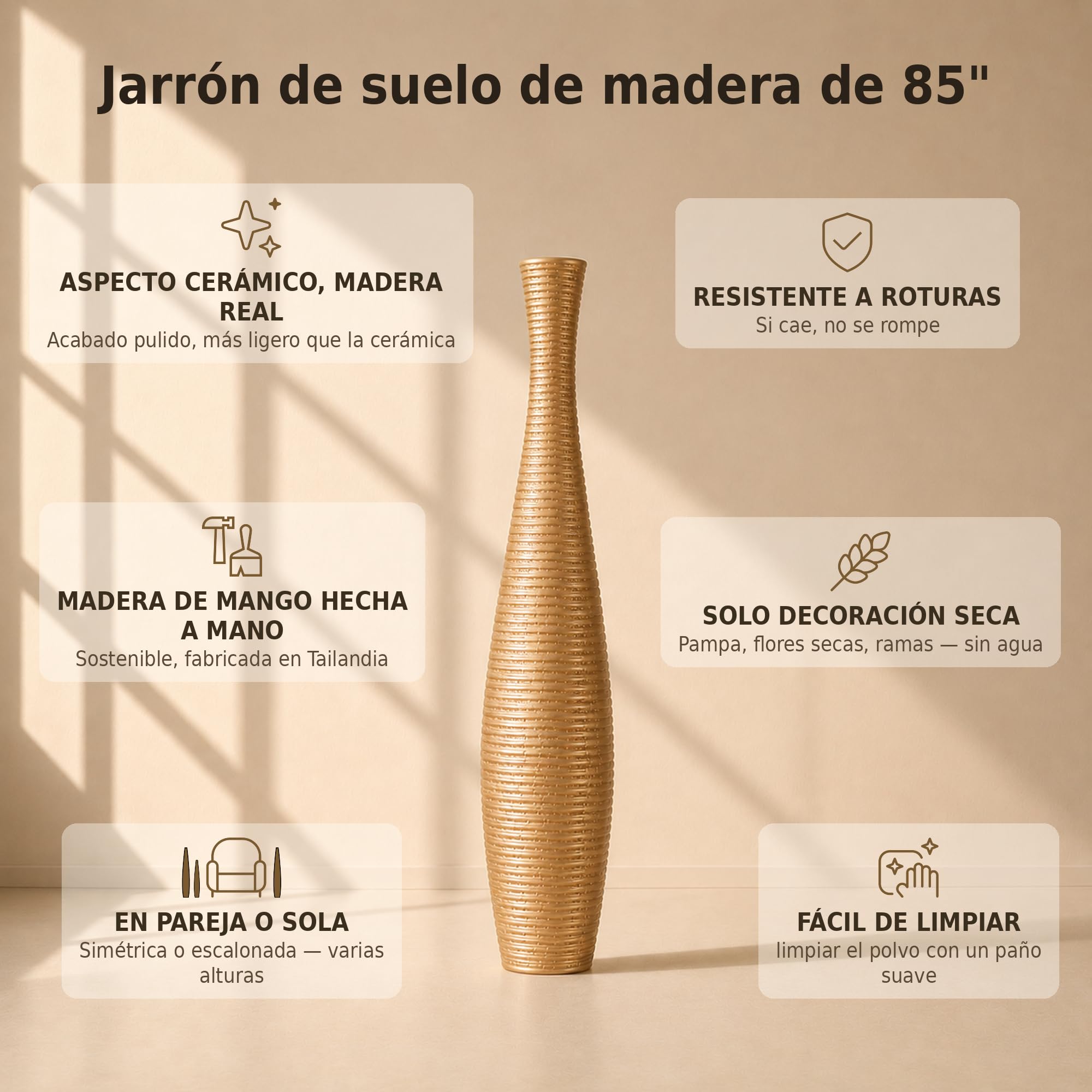 Leewadee Jarrón de Suelo Grande 85 cm Madera de Mango Pampa & Flores Secas | Jarrón Deco para Salón, para Ramas & Hierbas Secas. Más resistente que la Cerámica, sin Agua. Boho
