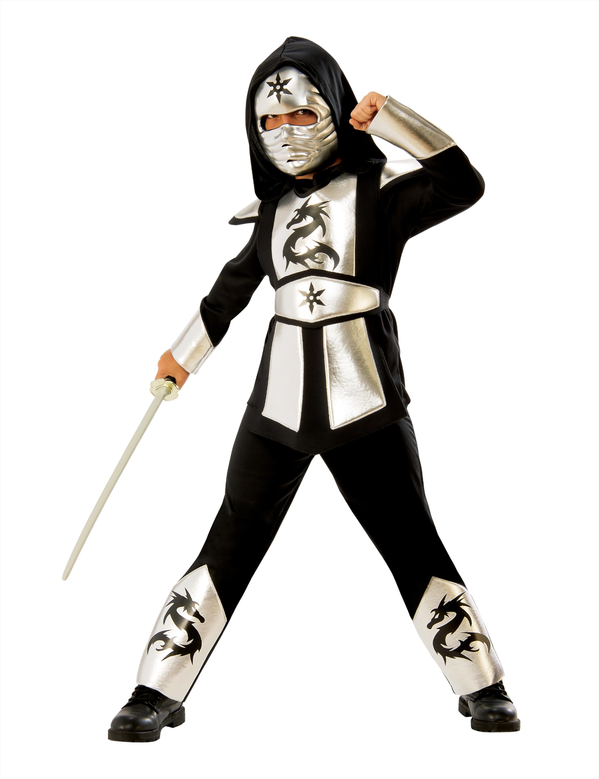 Rubies Disfraz Dragon Ninja Silver para niño, Camisa con Capucha, Pantalones, cinturón y máscara, para Carnaval, Cumpleaños