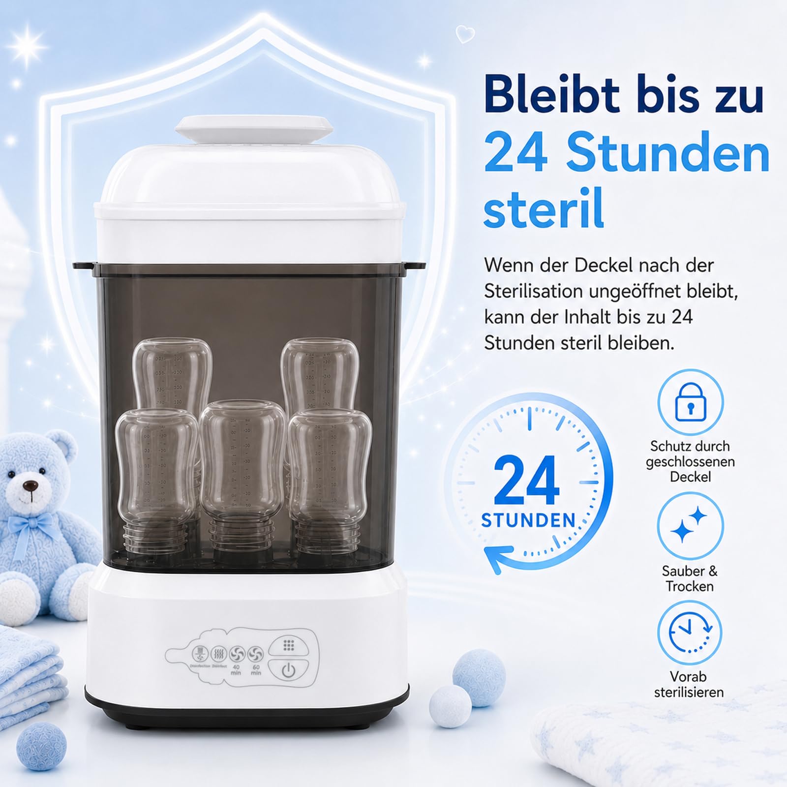 Sterilisator für Babyflaschen mit Trocknerfunktion, Flaschensterilisator Baby, 4-in-1 Elektrischer Dampfsterilisator für Flaschen, für flaschen & Milchpumpen-Zubehör Schnellsterilisation