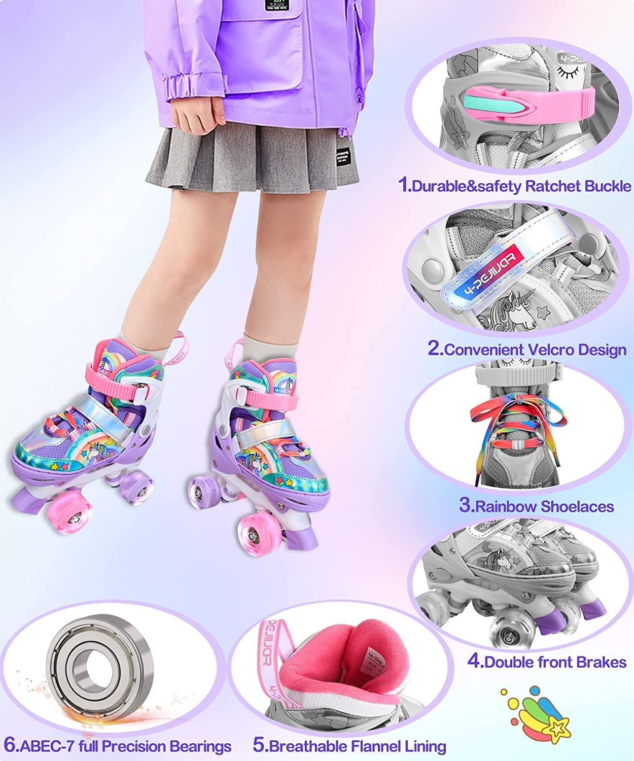Pattini a Rotelle Bambina Unicorno Pattini Regolabili Pattini a Rotelle in Linea con 4 LED Ruote per Bambini Ragazzi Principianti