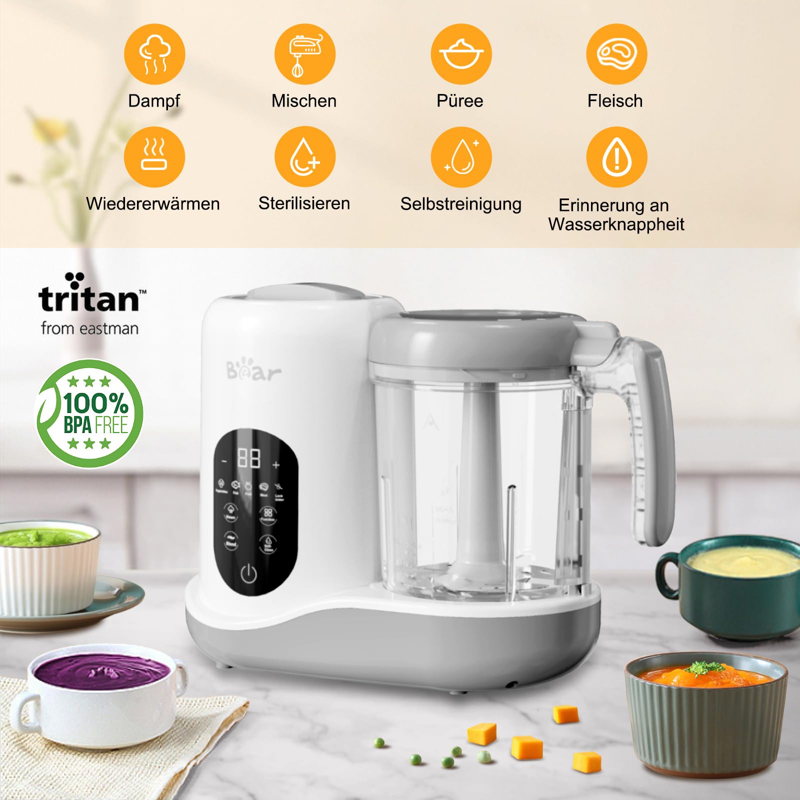 Bear Babynahrungszubereiter,Eine Stufe Baby Food Maker Dampfgarer Mixen,Automatisches Kochen & Zerkleinern,Babybrei Zubereiter mit Selbstreinigungsfunktion,Weiß