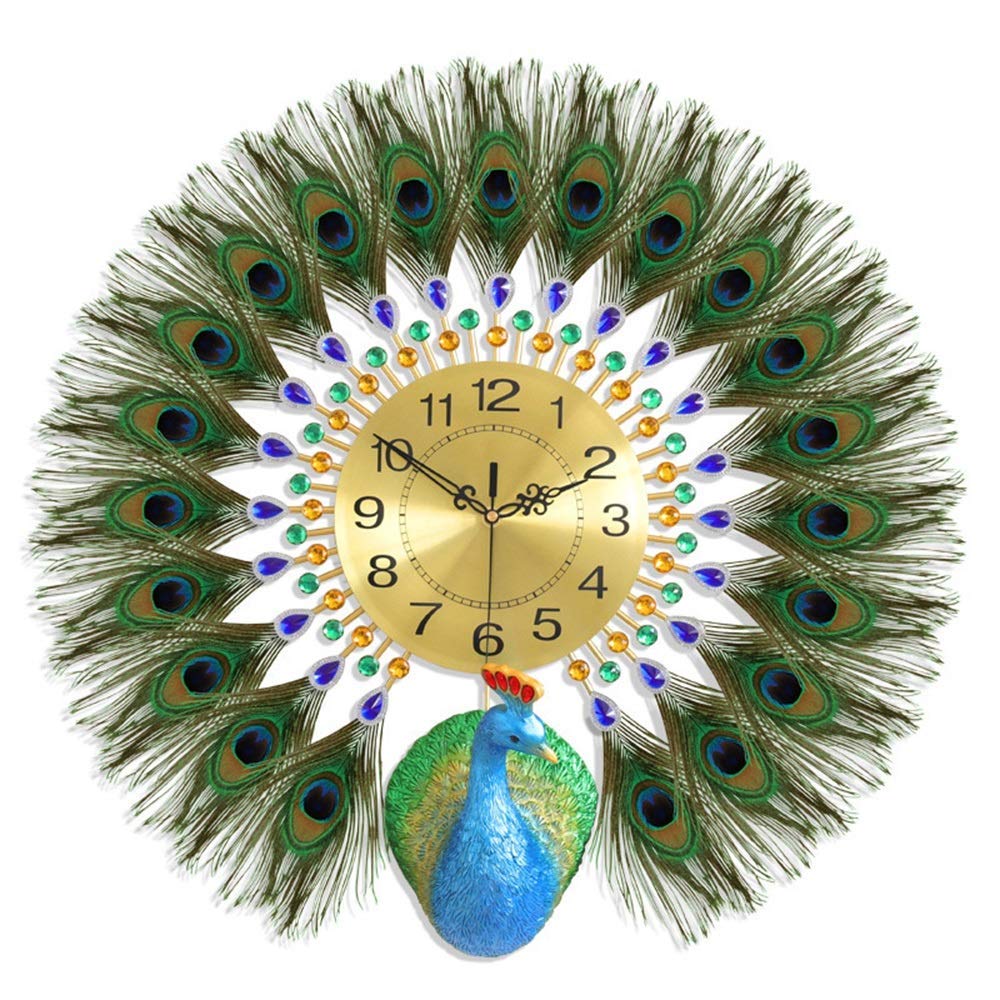 Horloge murale plume de paon en métal vert pour déco de salon