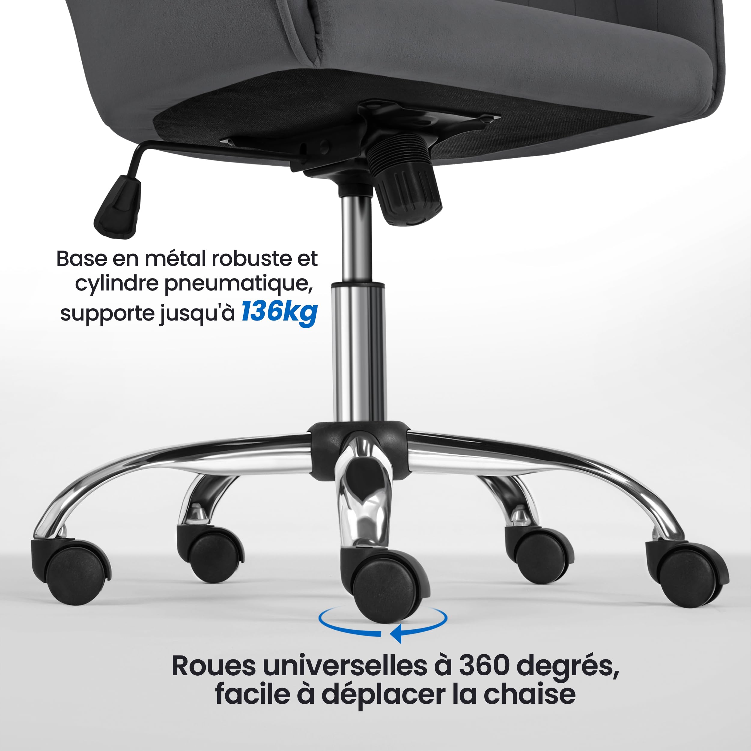 Yaheetech Chaise de Bureau Fauteuil Inclinable Rotative 360° Velours Hauteur Réglable Gris