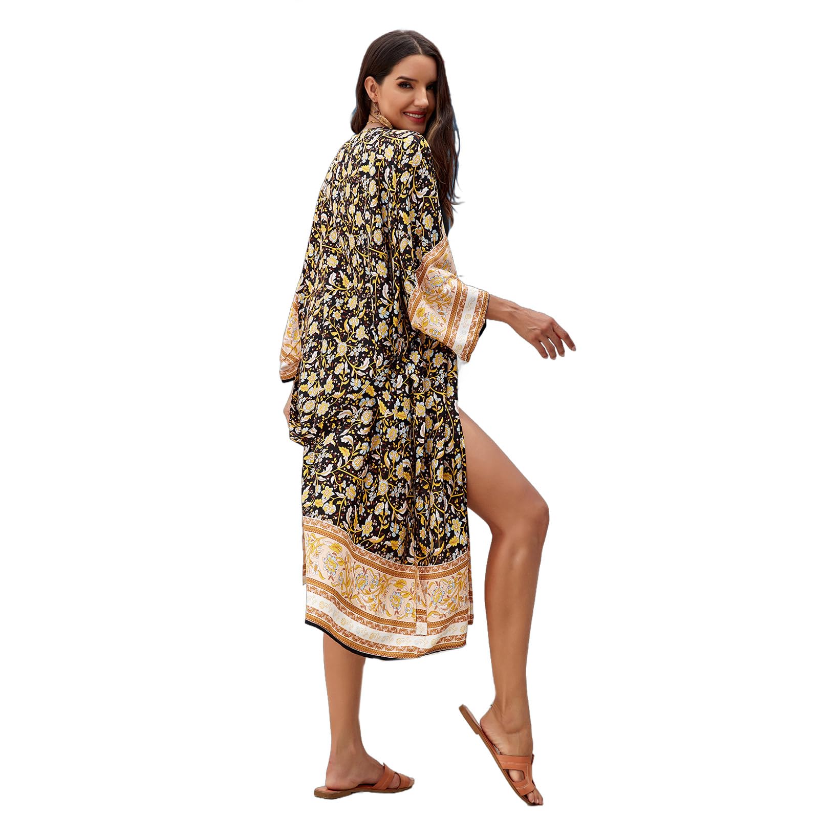 Cárdigan tipo kimono para mujer, con parte delantera abierta, para playa, vacaciones, traje de baño con protección solar, vestido de chal con cinturón