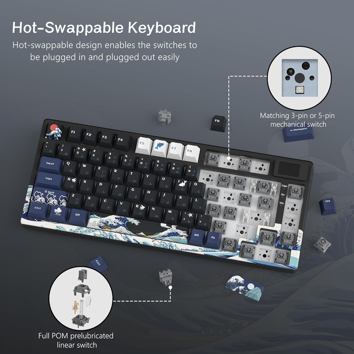 SK80 Teclado Mecánico Gaming 75% Compacto, USB C, Hot-Swap Tema Kanagawa, Montaje de Junta Personalizado RGB para Mac/Win, Negro