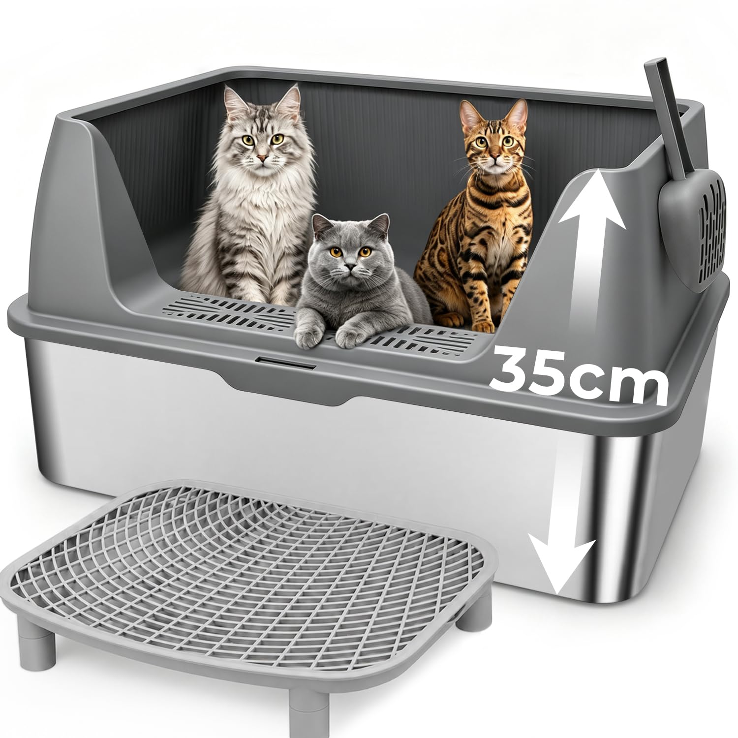 Katzenklo Edelstahl XXXL mit Hoher Rand (60x40x35cm) 42L