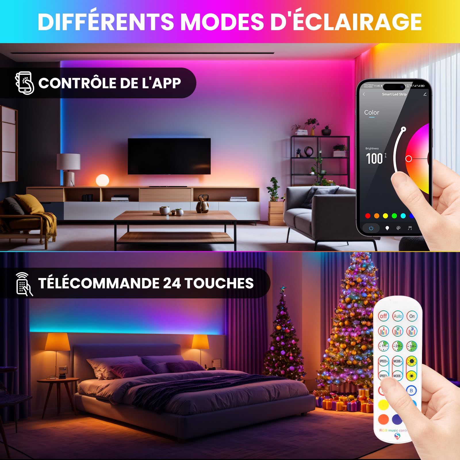 Bandes lumineuses LED intelligentes avec Alexa et Google Assistant RVB à changement de couleur et synchronisation de la musique pour la décoration de fête de la chambre (10M)