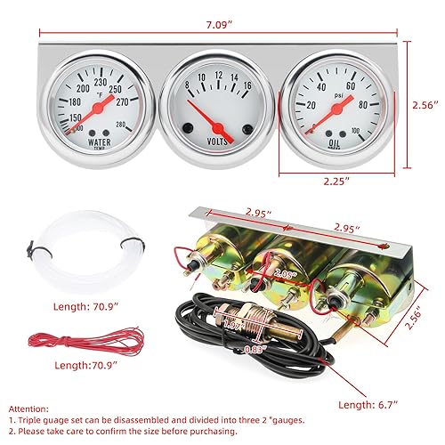 Miniatura 4 de Kit de calibre triple de 2 pulgadas de 2.047 in con tablero de instrumentos, medidor de automóvil 3 en 1, medidor de voltaje, medidor de temperatura