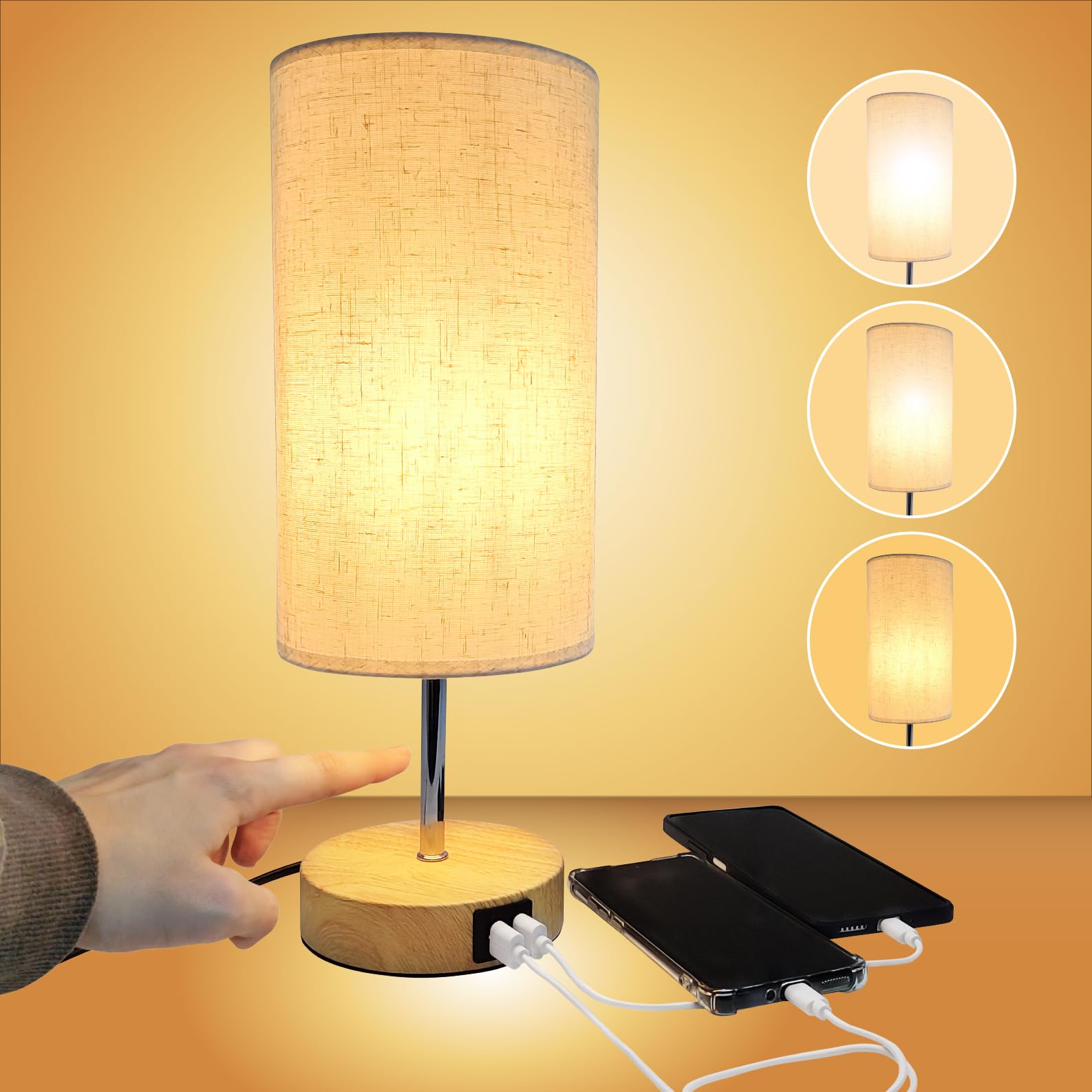LED ATOMANT Lampara de mesa de noche LED tactil regulable con USB A+C, 3 niveles de brillo, Pantalla de tela de lino Beige, Lampara de escritorio para dormitorio salon, Bombilla E27 incluida