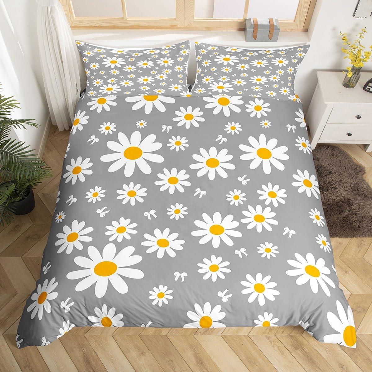 Feelyou Daisy Duvet Cover Queen Size Gray Daisy Comforter Cover for Boys Girls Floral Printed Bedding Set 3Pcs Botanical Room Decor