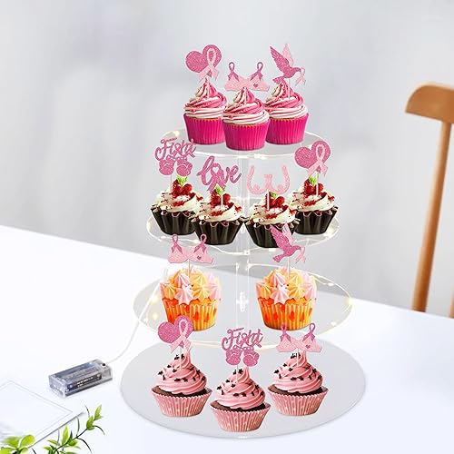 Miniatura 6 de Paquete de 24 adornos para cupcakes con purpurina para concientización sobre el cáncer de mama, cinta rosa con purpurina, para lucha contra el