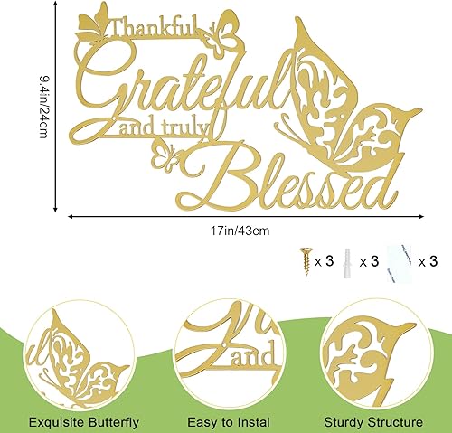 Vista 4 de Letrero de pared con texto en inglés Thankful Grateful and Truly Blessed, decoración de pared colgante de metal con mariposas de corazón, letras