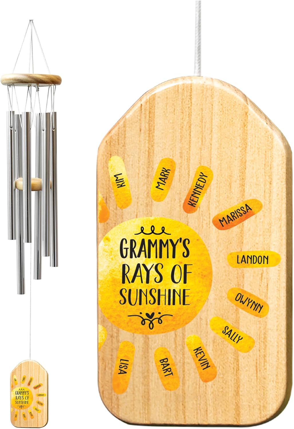 Grammy Windchime - Personalized with up to 10 Names 24" Alluminum Polls Custom Wood Chime for Grandma, Nana, Yaya, Gigi and More.
