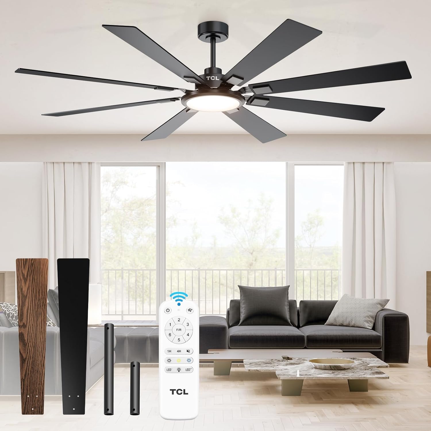 TCL Ceiling Fans with Lights and Remote: 8 Blades, Quiet Reversible DC Motor, Dimmable Super Bright LED, Noiseless Large Modern Fan for Room, Outdoor, Commercial and Industrial Use (Black, 72 Inch)