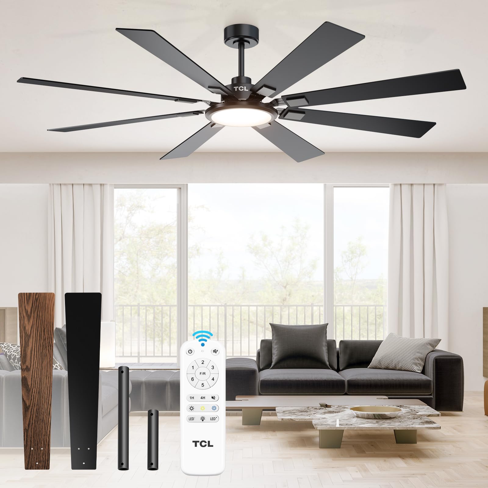 TCL 72-inch 8-blade ceiling fan with integrated LED light and remote control, shown installed in a modern living space.
