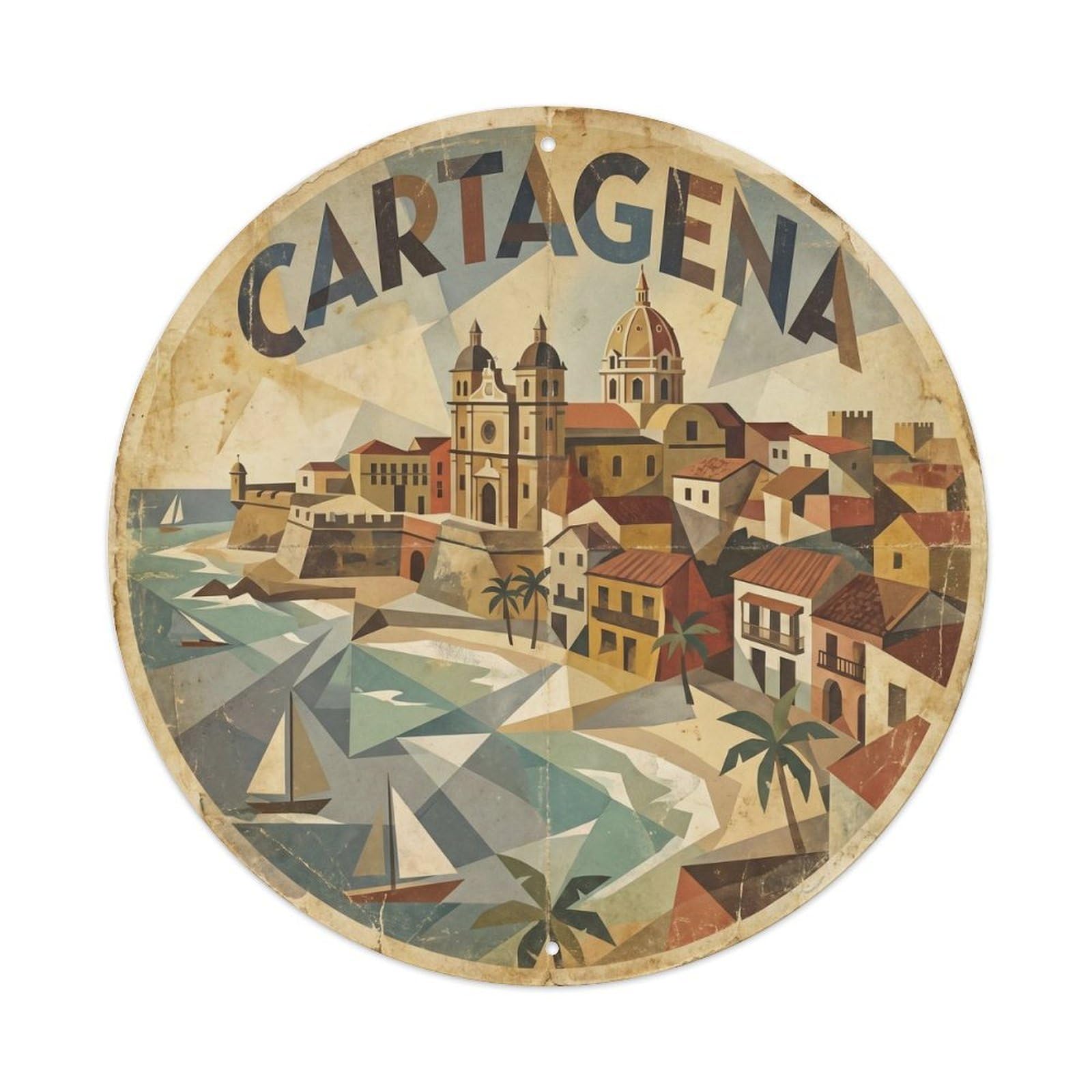Cartagena Tropical City Geometric Cubist Metal Tin Sign