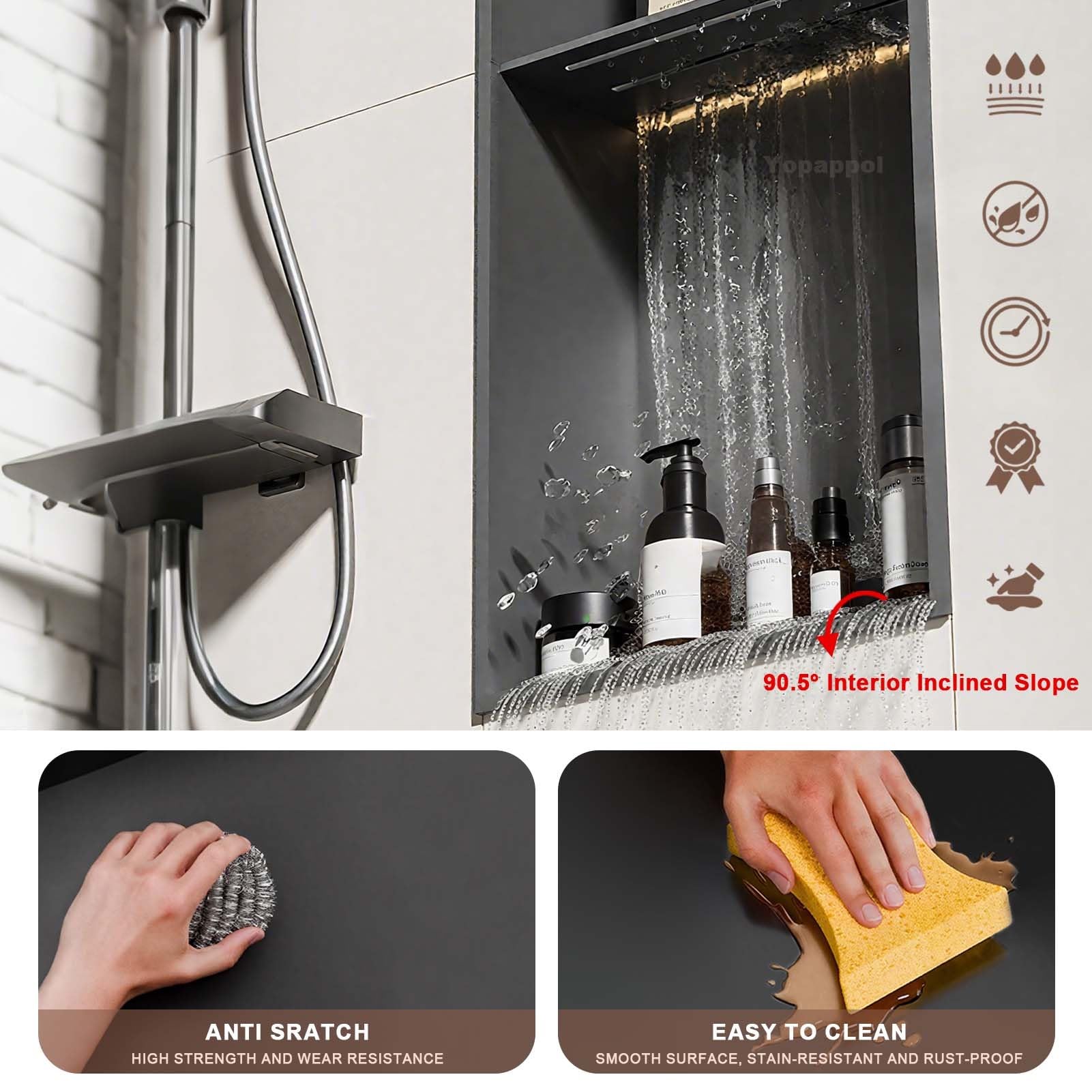 Estante de ducha impermeable de acero inoxidable para baño y dormitorio, pantalla integrada (90 cm x 28 cm x 12,5 cm) – Ahorro de espacio
