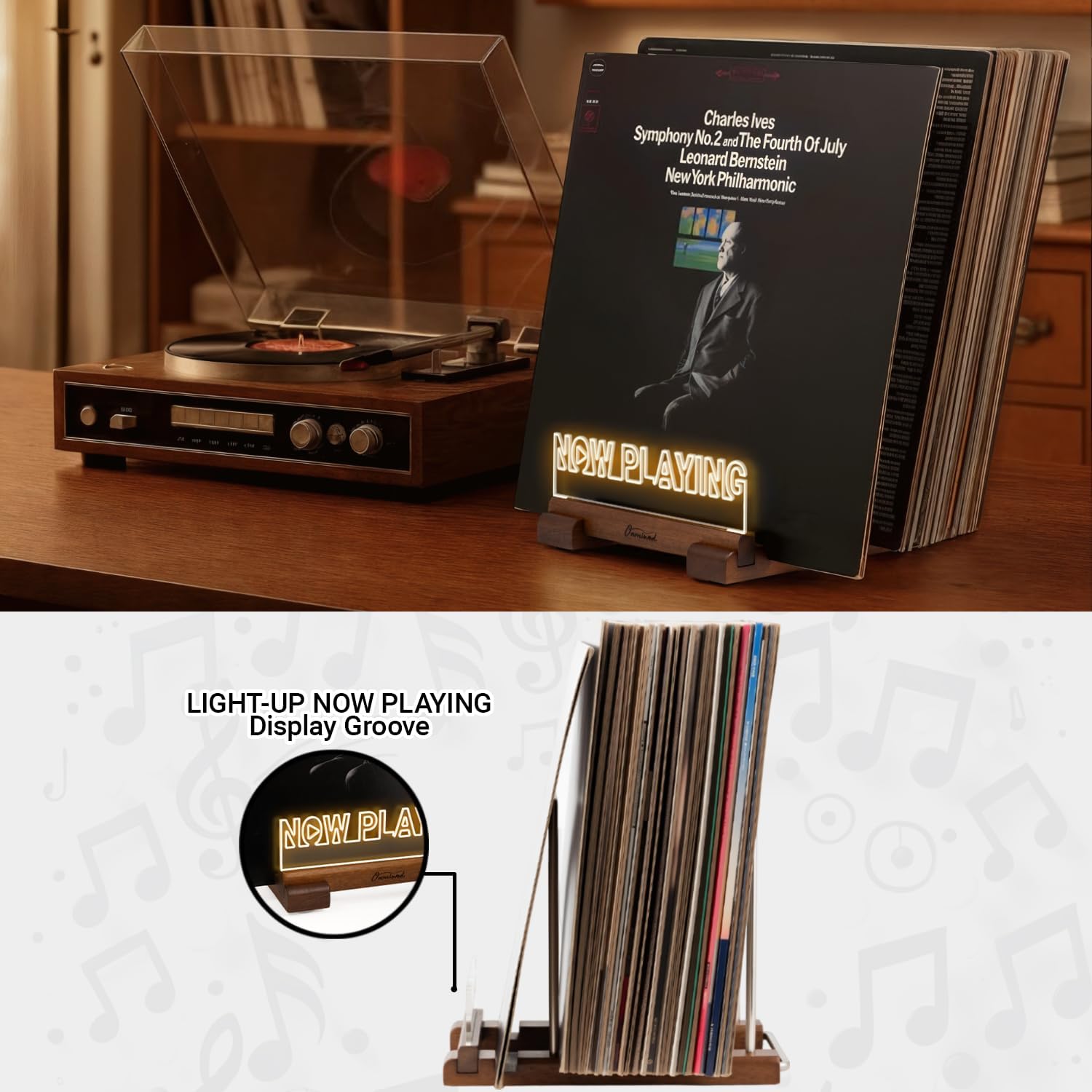 Onmiwod Vinyl Record Holder for 35 LPs, Light Up Now Playing Vinyl Record Stand, Wooden Album Storage Organizer, Album Holders for Records Display, Accessories Gifts for Music Lovers