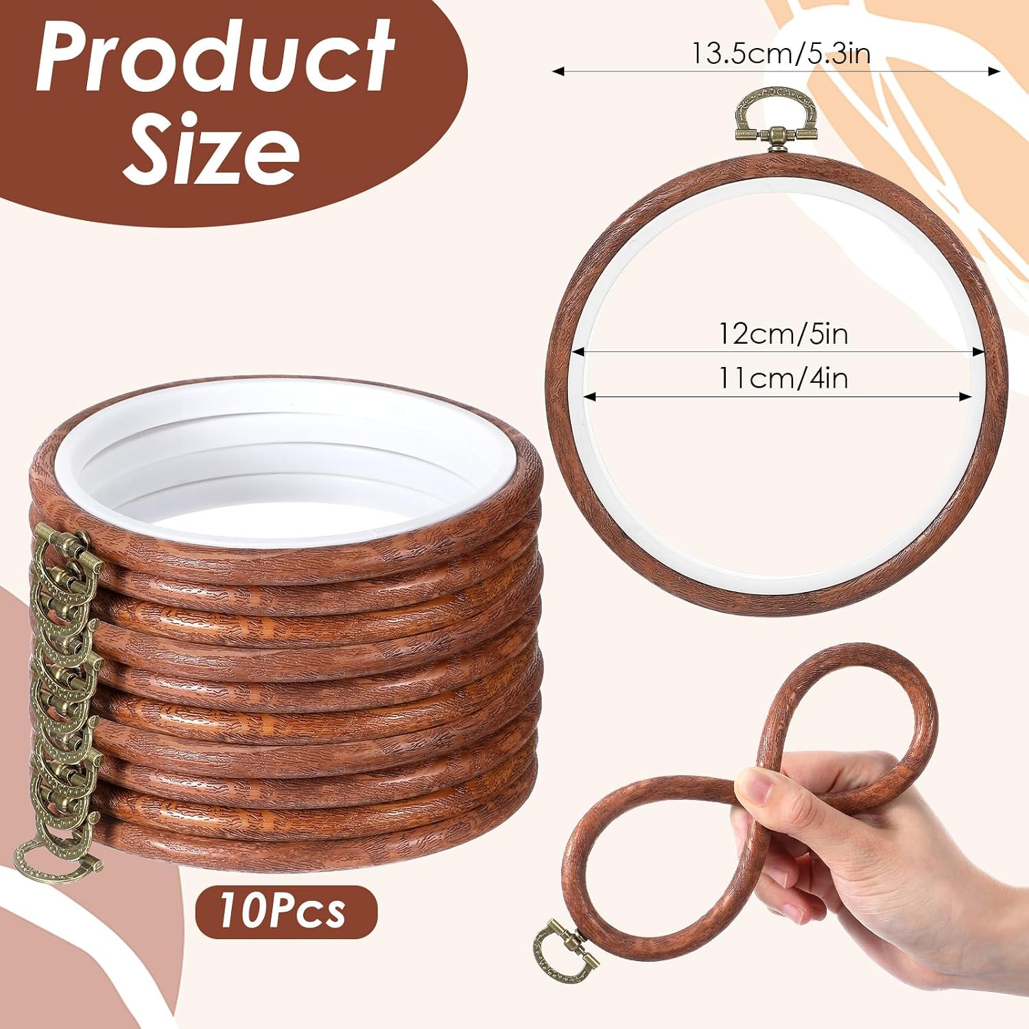 10 Pcs Embroidery Hoops Frame, 5 Inch Round Imitated Wood Circle Cross Stitch Hoop Ring for Embroidery Art Craft Handy Sewing Decoration