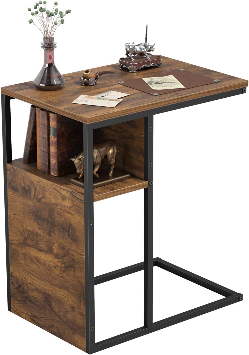 Cubiker End Table, C Shaped Reversible Side Table with Wooden Shelf, Snack Side Table for Living Room, End Table for Sofa Couch and Bed, Metal Frame Nightstand Deep Brown