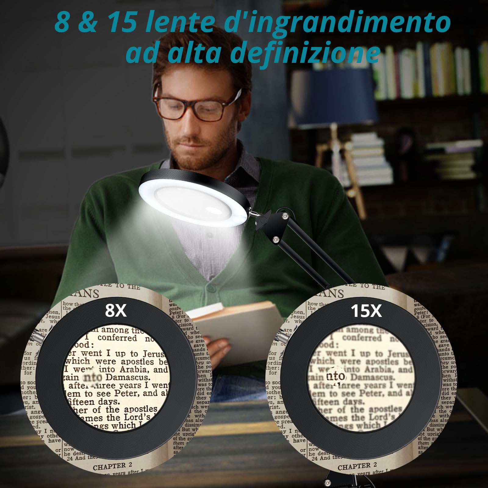 Lampada con Lente d'ingrandimento LED 8X/15X,Lampada Scrivaniacon Lenti a Menisco di Estetista-3 Modalità Luce con 50cm Braccio Girevole per Lettura/Cucito/Nail Art -con Morsetto