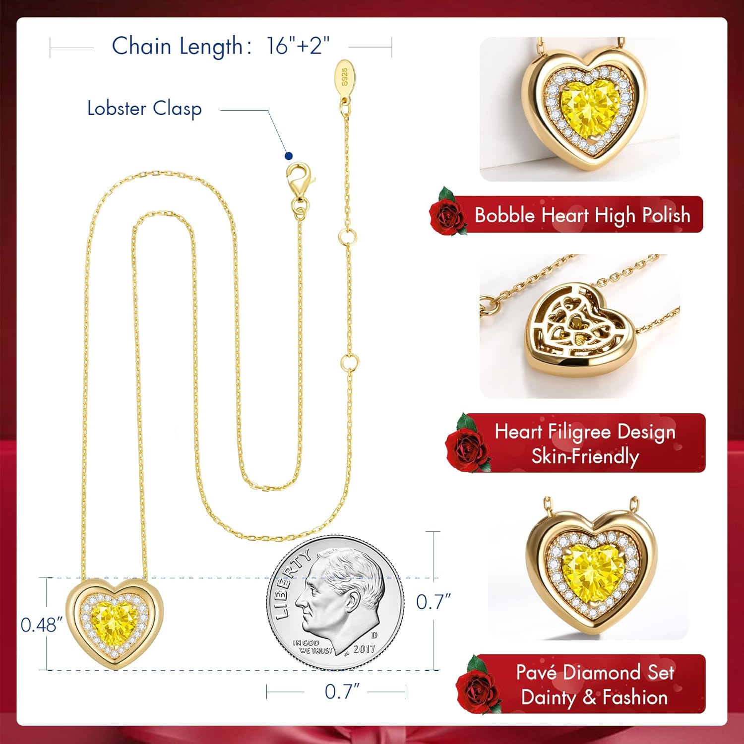 Kstyle Valentine's Day Gifts for Women - 14K Gold Filled 925 Sterling Silver Heart Birthstone Pendant Necklaces, Anniversary Birthday Jewelry Gifts for Wife Daughter Mom Grandma, Non Tarnish 16"+2" - Image 6