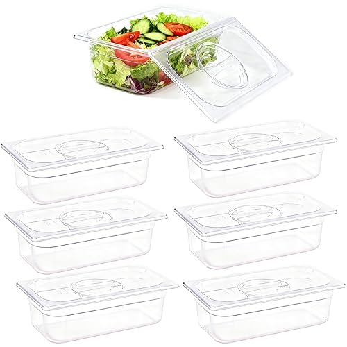 6 Pack food Pans with Lids 1/3 Size, Commercial Food-grade material, Impact-resistant and shockproof, For Salad Bars, Hot Deli Items & Dessert Toppings, Prep Table & Refrigerator Friendly