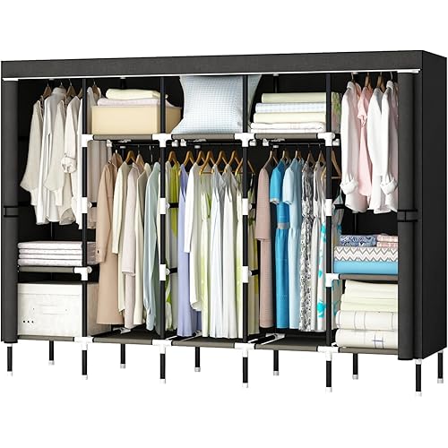 Pokfeic 80in Portable Closet Wardrobe, Closet Organizers and Storage with 10 Shelves, Portable Closets for Hanging Clothes with 5 Hanging Rods, 20mm Steel Wardrobe Clothes Organizer - Black