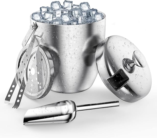 Ice Bucket, Cosicosy Ice Bucket for Home Bar 2.8L Stainless Steel Double Wall Bar Ice Bucket Set with Lid, Tongs, Scoop and Strainer Keeps Ice Cold & Dry Great for Bar, Party, Champagne, Beer and Wine