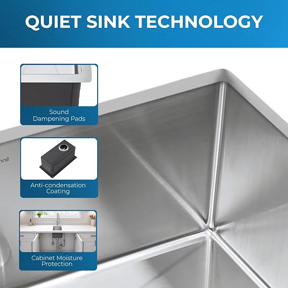 Zuhne Modena 10-Inch Undermount Kitchen Sink, Single Bowl 16 Gauge T304 18/10 Stainless Steel, Brushed Finish, Sound Guard, 9.5 x 18 x 8 in