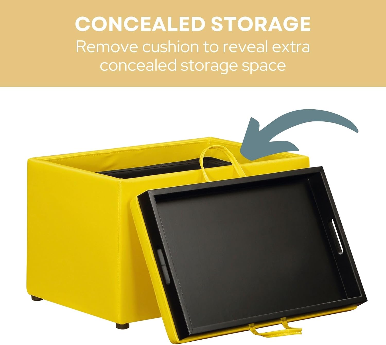Modern Yellow Faux Leather Accent Storage Ottoman with Reversible Tray
