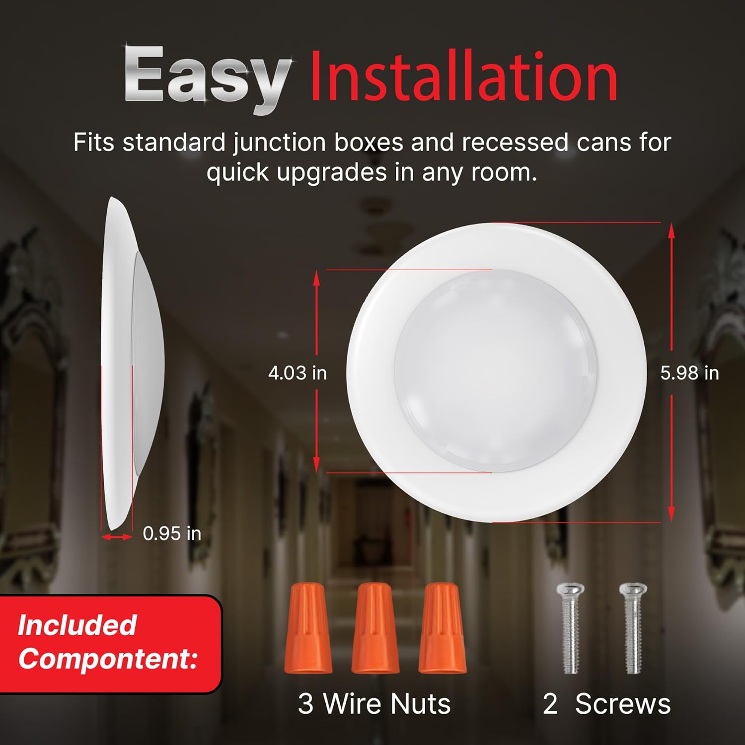 1 Pack 4 Inch Dimmable LED Disk Light 10W, 5CCT 5000K Surface Flush Mount LED Ceiling Light, CRI>90, 120V, 610LM Low Profile Recessed Ceiling Lights Installs into Junction Box/ Recessed Can, ETL & FCC