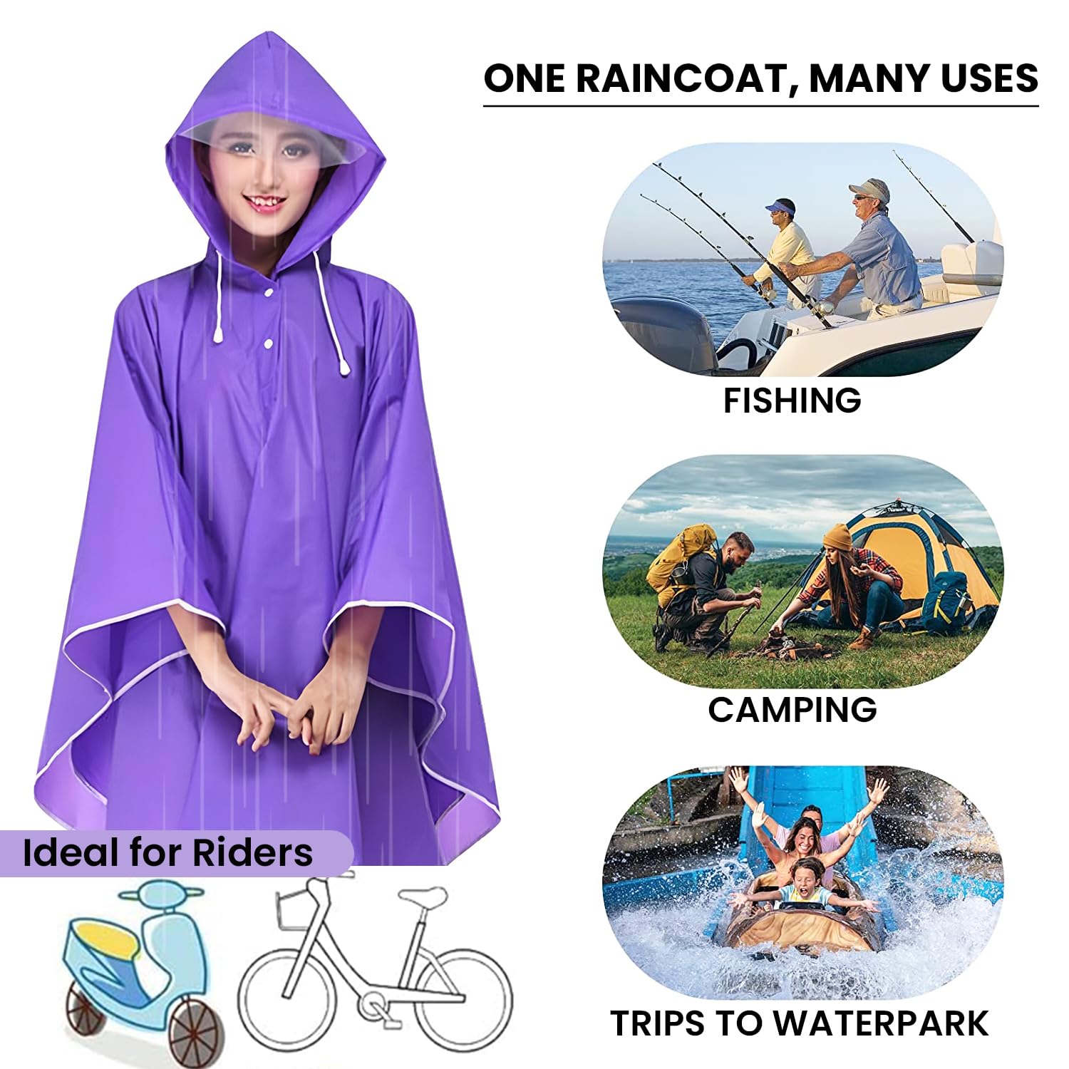 HACER EVA Raincoat Poncho 160 GSM with Adjustable Hood Full Sleeves Knee Length Universal Size Waterproof Outdoor Rainwear for Women Camping Trekking Hiking (Pack of 1, Purple) 3