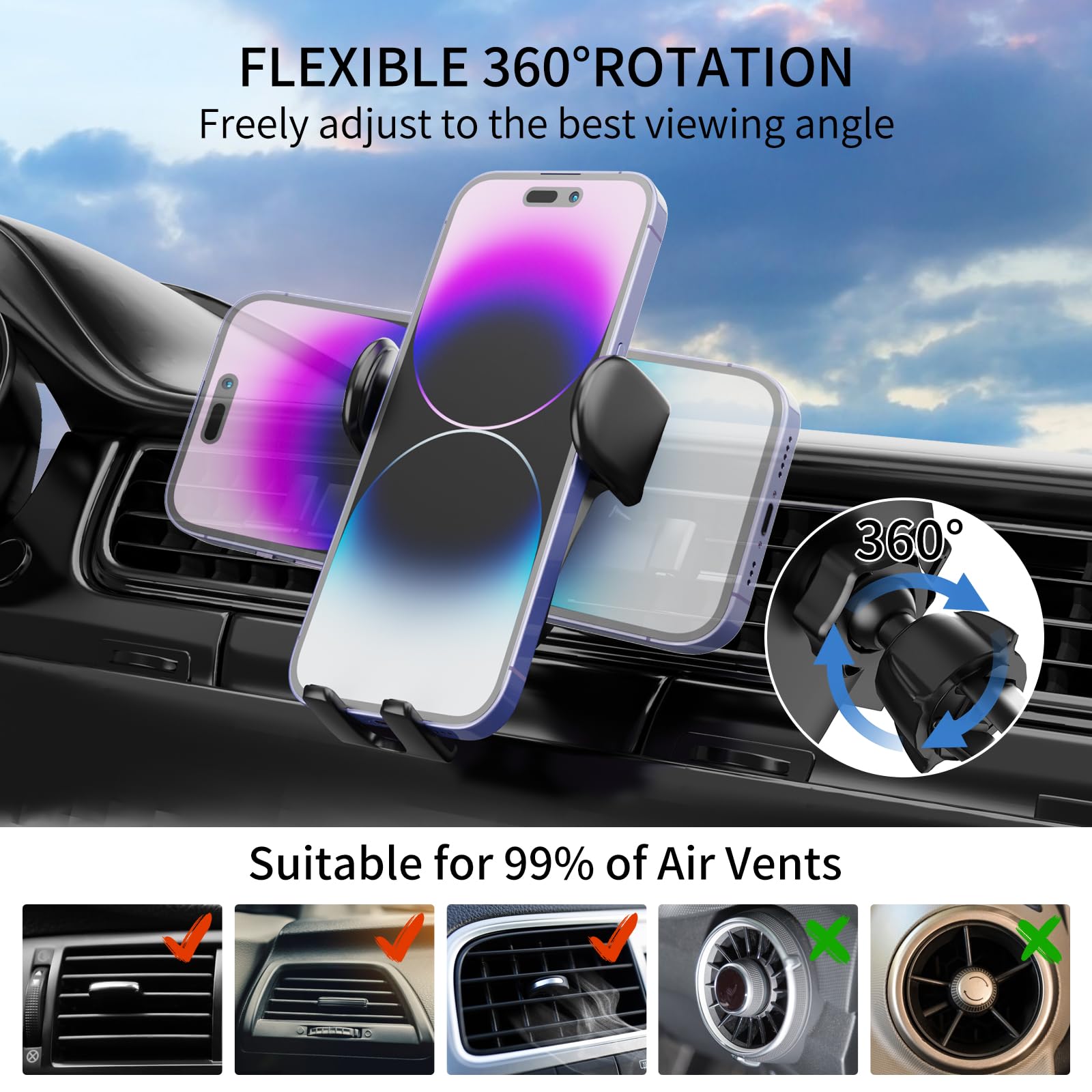 Soporte de teléfono para rejilla de ventilación de coche [soportes de teléfono mejorados] Soporte de teléfono de coche manos libres para teléfono inteligente, [soporte de coche para iPhone]