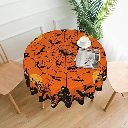 Miniatura 2 de Giwawa Mantel redondo de Halloween de 60 pulgadas, mantel circular de castillo de calabaza, gato, negro, naranja, murciélago, araña, reutilizable,