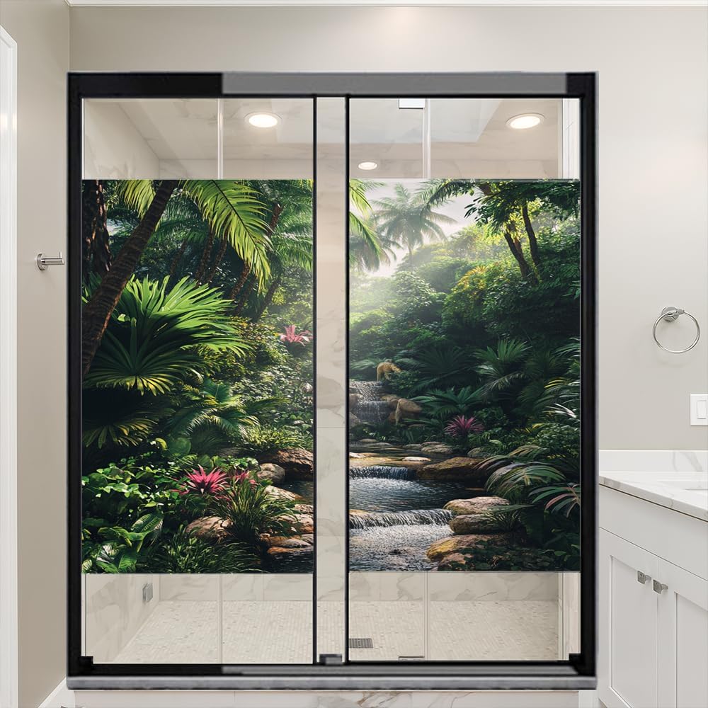 Beautiful Forest Stained Glass Window Stickers Tropical Green Plants Modern River Privacy Window Film Glass Door Covering Self-Adhesive Decals for Bathroom Kitchen 35.4Wx55.1L inch x 2pcs
