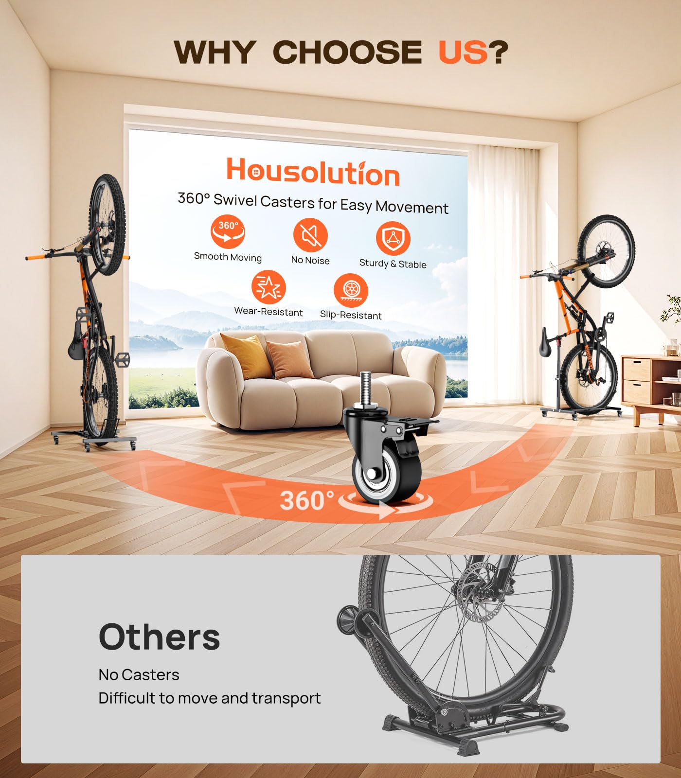 Housolution Vertical Bike Stand with Wheels up to 29", Adjustable Height, No Drilling holds up to 80lbs, Freestanding Bicycle Rack for Garage & Apartment, Bike Stand Floor for MTB/Road Bikes