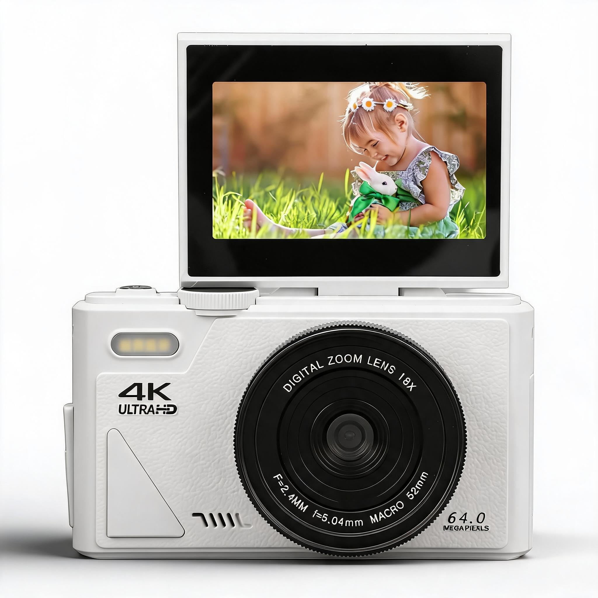 Aparat Cyfrowy 4K, Aparat do Vlogowania 64 MP UHD 4K z 18-krotnym Zoomem, 3-calowy Odwracany Ekran z Autofokusem Cyfrowy Aparat w Stylu Retro dla Początkujących Nastolatki Dzieci