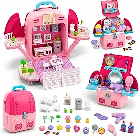 Mochila Casinha de Boneca e Kit Beleza 4 em 1 Infantil, Brinquedo com Luz e Som para Menina de 3 a 7 Anos, Presente Educativo Criativo para Natal e Dia das Crianças (Edição Doceria)