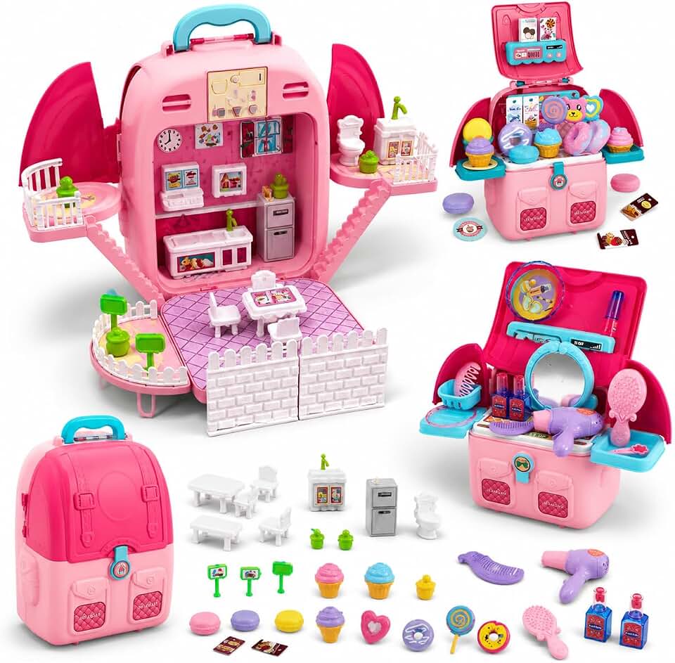 Mochila Casinha de Boneca e Kit Beleza 4 em 1 Infantil, Brinquedo com Luz e Som para Menina de 3 a 7 Anos, Presente Educativo Criativo para Natal e Dia das Crianças (Edição Doceria)