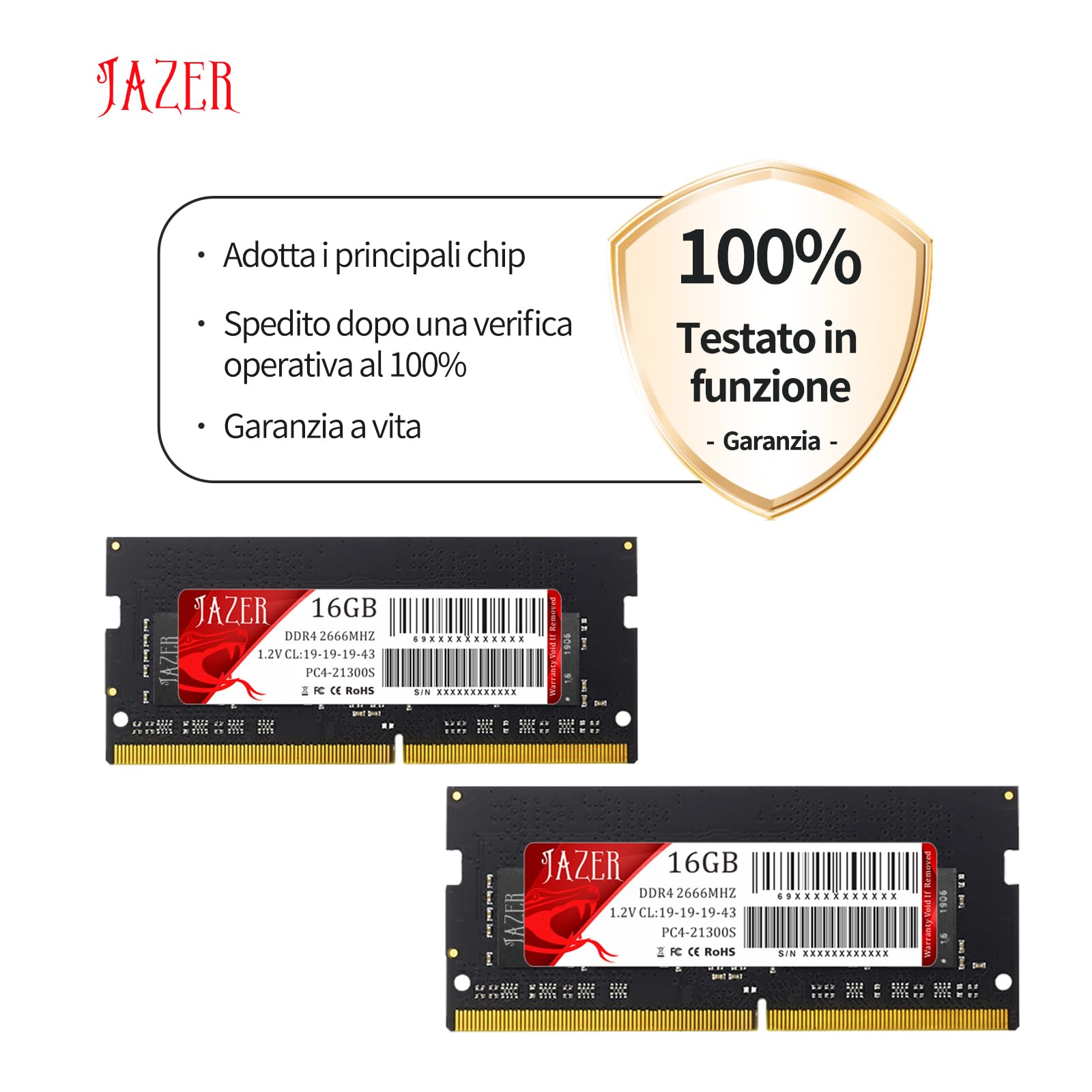JAZER RAM DDR4 16GB 2666MHz SODIMM para Portátil, Módulo de Memoria para Computadora Laptop, PC4-21300, 1.2V, CL19