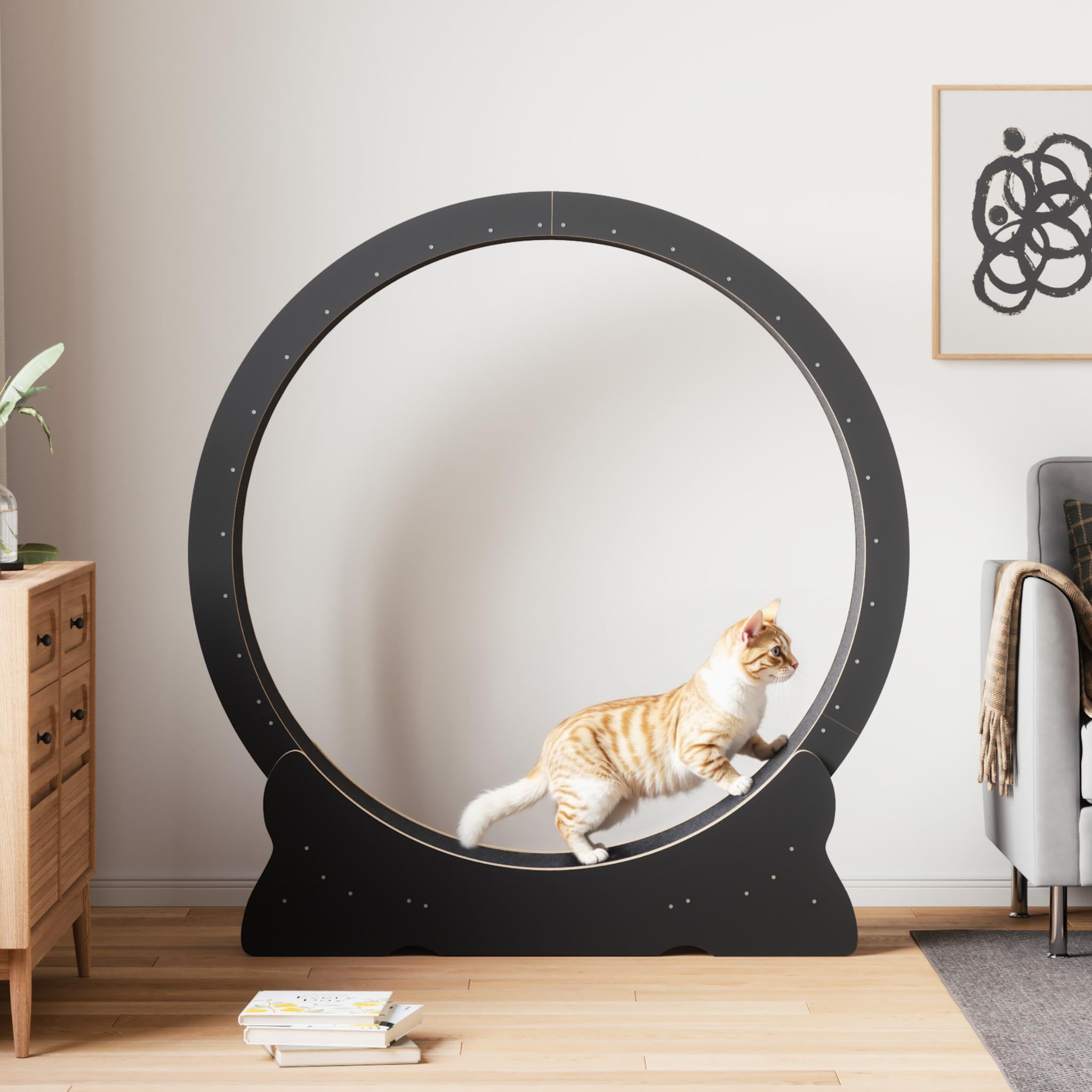Mondeer Katzenlaufrad Indoor aus Holz, 110 cm, mit Teppich, Schwarz | Abnehmbarer Teppich, leicht reinigbar. Fördert Bewegung und Energieverbrauch, geeignet für aktive, verspielte Katzen.